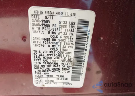 2012 Nissan Murano Sv z USA, uszkodzony, nr VIN JN8AZ1MU7CW101720